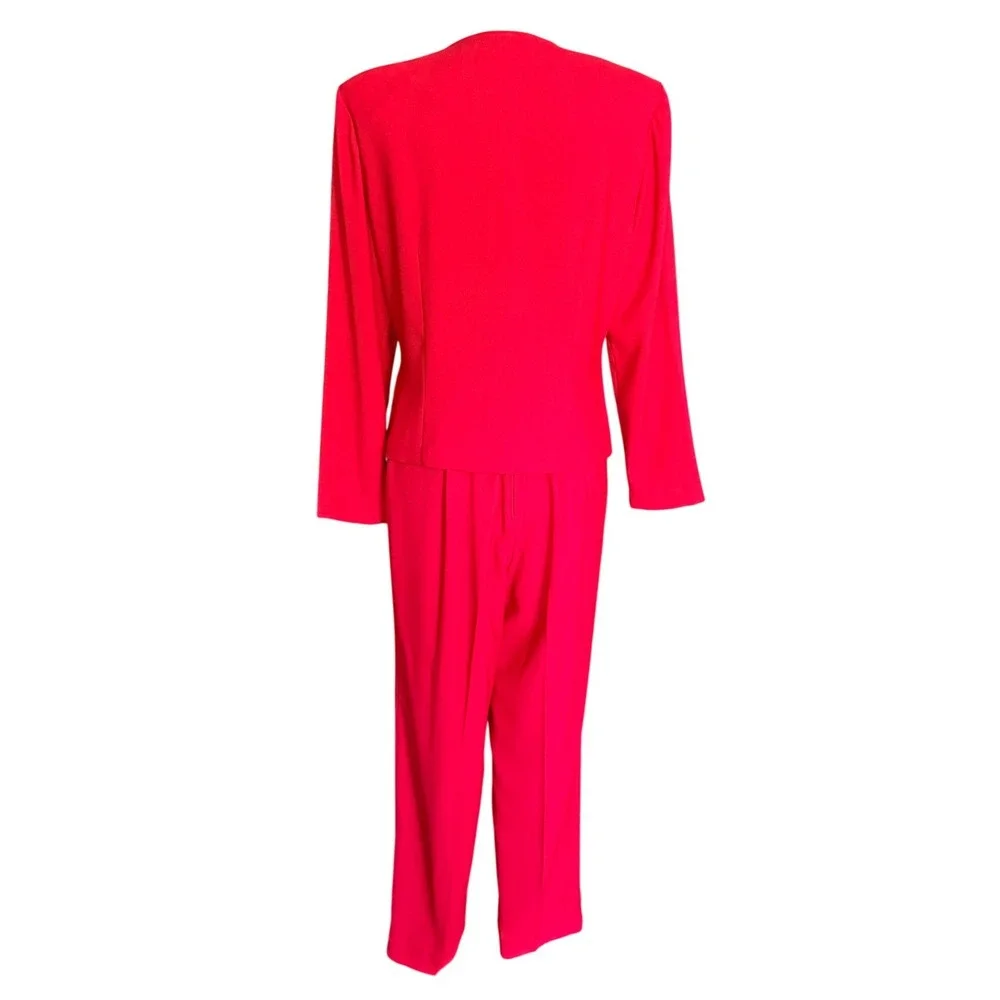Vintage Red 2 Piece Pant Suit‎ Asymmetrical Button Blazer Pleated Trousers 1980s